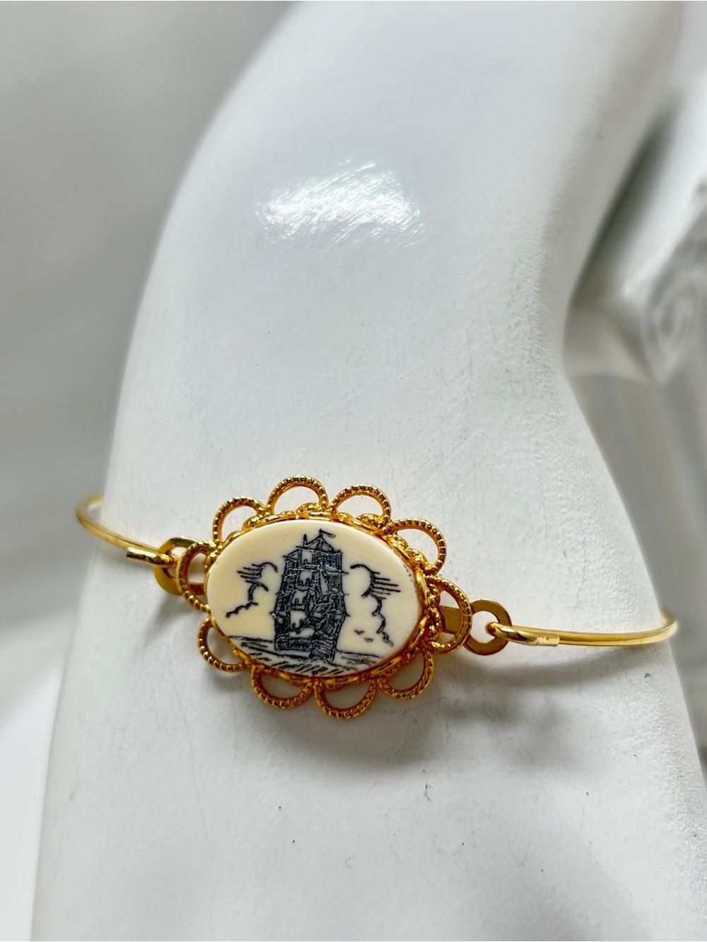 Vintage Gold Delft Style Bracelet, Blue & White Sailing Ship, Small Size